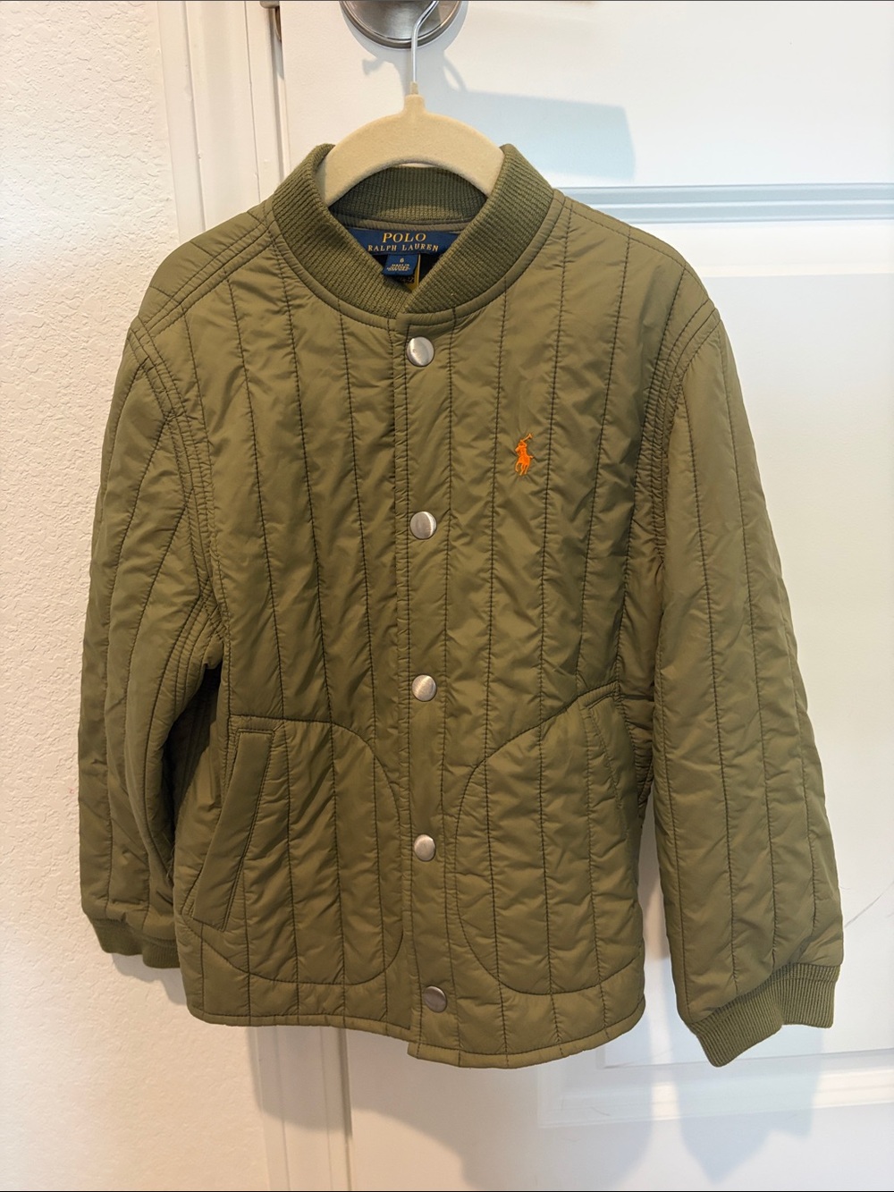 Polo by Ralph Lauren Kids Olive Quilted Bomber Jacket with Orange Pony